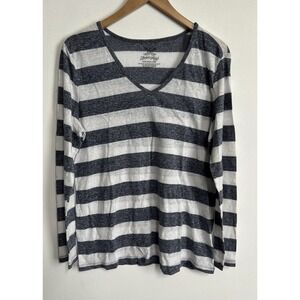 Faded Glory Linen Blend Shirt Women's XXL Gray White Striped V Neck Nautical